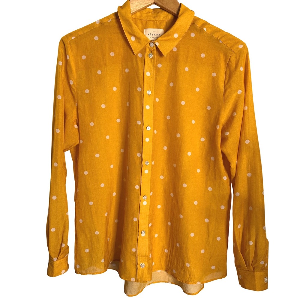 SEZANE Size 42 8-10 Shirt Mustard Yellow Polka Dot Silk Cotton Button Down